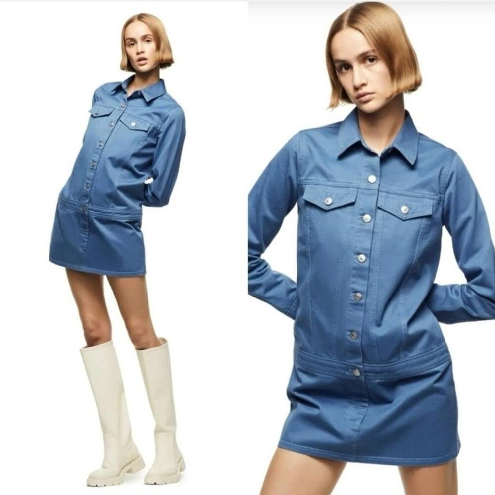 NWT Zara Button Front Mini Denim Utility Dress Blue Small 60s Mod Retro